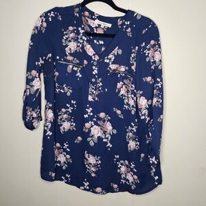 Wishful Park Navy Blue And Pink Floral Lightweight Blouse